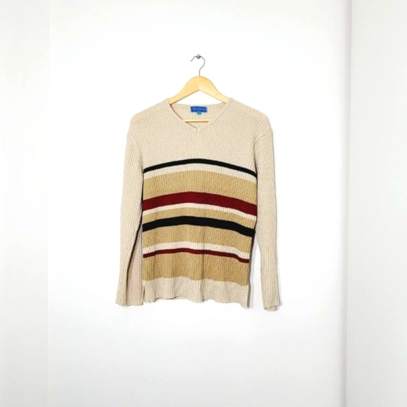 Vintage Crewneck Cream Red Black Striped Y2K Knitted Long Sleeve Retro Sz XL 90s - Picture 2 of 11